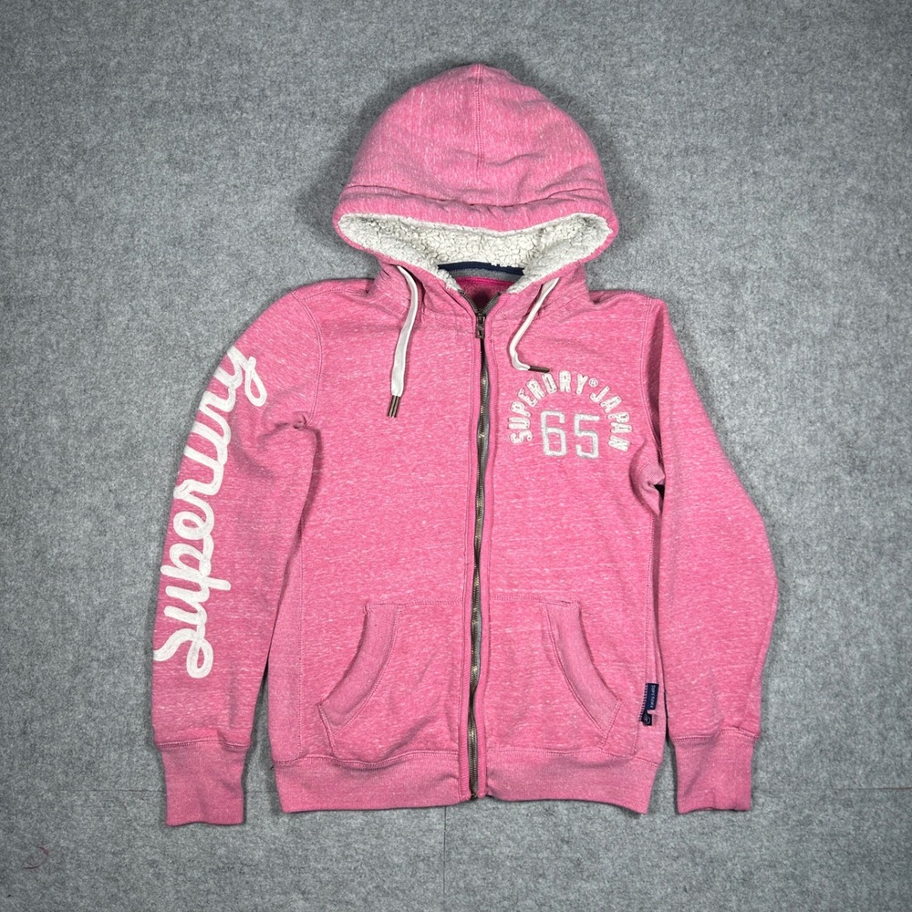 Superdry Hoodie Women Large PinkFull Zip Sherpa Lined Hood spell out embroidery